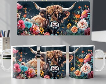 Highland cow mug wrap 11oz 15oz mug template floral mug wrap sublimation design png digital download