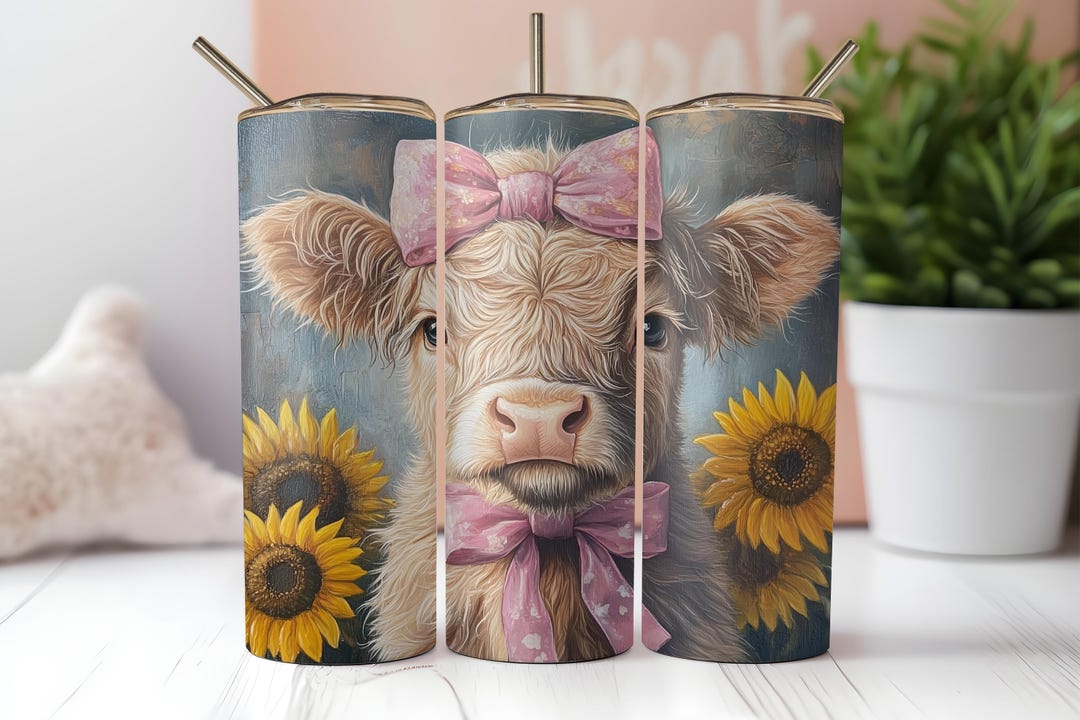 Cute Highland Cow Pink Bow 20oz Skinny Tumbler Wrap Png Instant ...