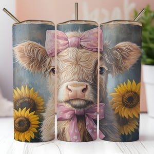 cute Highland cow pink bow 20oz skinny tumbler wrap png instant download sublimation design tumbler png