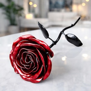 Handcrafted Steel Rose: Scarlet Sparkle, Metal Garden Art, Valentines Day, Birthday, Anniversary, Mother's Day, Ruby Anniversary, Keepsake