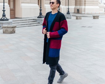 Knitted men cardigan in black, burgundy and navy colors, long crochet cardigan for mens, husbands sweater, mens wool cardigan, mens cloak