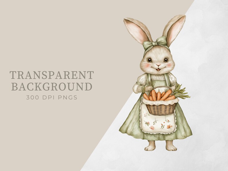 Pu&ograve; includere: Un'illustrazione ad acquerello di un coniglio bianco che indossa un vestito verde e un grembiule bianco, tenendo un cesto di carote. Il coniglio ha orecchie lunghe e un naso rosa. Lo sfondo &egrave; di colore marrone chiaro.