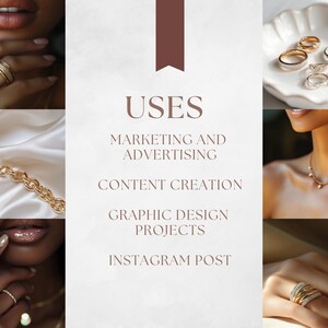 K&ouml;nnte beinhalten: Eine Collage aus Bildern, die verschiedene goldene Schmuckst&uuml;cke zeigen, darunter Ringe, Halsketten und Ketten. Der Text "USES" wird in der Mitte des Bildes angezeigt, gefolgt von einer Liste der Verwendungsm&ouml;glichkeiten f&uuml;r den Schmuck, wie z. B. "Marketing und Werbung", "Content Creation", "Grafikdesign-Projekte" und "Instagram-Post".