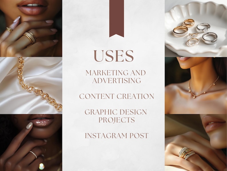 K&ouml;nnte beinhalten: Eine Collage aus Bildern, die verschiedene goldene Schmuckst&uuml;cke zeigen, darunter Ringe, Halsketten und Ketten. Der Text "USES" wird in der Mitte des Bildes angezeigt, gefolgt von einer Liste der Verwendungsm&ouml;glichkeiten f&uuml;r den Schmuck, wie z. B. "Marketing und Werbung", "Content Creation", "Grafikdesign-Projekte" und "Instagram-Post".