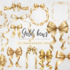 May include: A collection of gold bows in various styles, including ribbon bows and circular frames. The image includes the text "Gold bows COMMERCIAL USE CLIPART 31 TRANSPARENT PNGS". The bows are in a watercolor style with a light background.