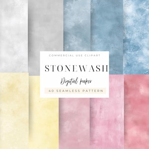 May include: A collection of 40 seamless digital paper patterns in various colors, including green, white, blue, yellow, and pink. The text "Stonewash Digital Paper" is displayed on a white background.