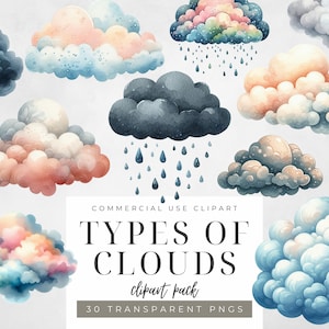 Può includere: Pacchetto di clipart ad acquerello con vari tipi di nuvole in colori pastello. L'immagine include nuvole bianche, rosa, blu e grigie, alcune con pioggia. Il testo recita "TYPES OF CLOUDS clipart pack 30 TRANSPARENT PNGS".