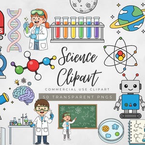 Puede incluir: Un conjunto de imágenes prediseñadas con temática científica, que incluye un microscopio, tubos de ensayo, una hebra de ADN y un robot. La imagen también presenta ilustraciones de científicos y el texto "Science Clipart" y "50 Transparent PNGs".