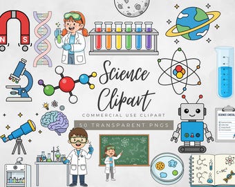Wetenschap-clipartset | Cartoon laboratorium- en STEM-pictogrammen | Kinderwetenschappers, bekers, microscopen, reageerbuisjes, png PNGEgg | Klaslokaal School Clipart