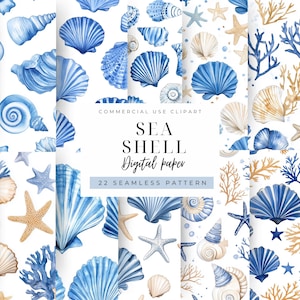 May include: Watercolor digital paper featuring various seashells, starfish, and coral in shades of blue, beige, and white. The design includes a variety of shell shapes and sizes, creating a seamless pattern. Text reads "SEA SHELL Digital paper 22 SEAMLESS PATTERN".