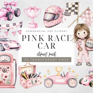 Pink Race Car Watercolor Clipart: Pastel Racing Theme (PNG Digital Download)