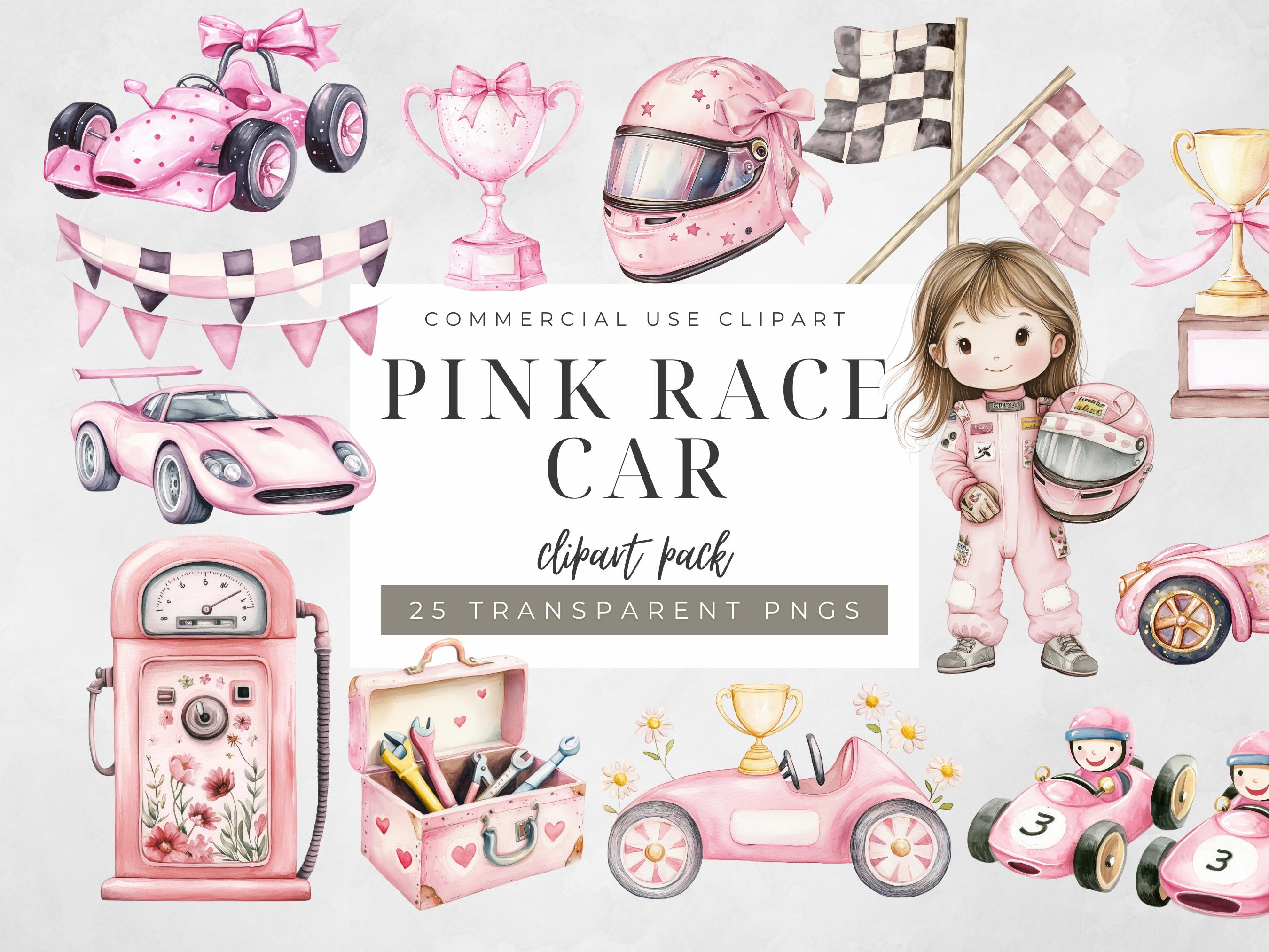 Pink Race Car Watercolor Clipart: Pastel Racing Theme (PNG Digital ...