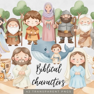 Könnte beinhalten: Aquarellillustrationen verschiedener biblischer Charaktere, darunter eine Prinzessin, Hirten und Engel. Das Bild zeigt einen Wal, eine Arche mit Tieren und den Text "Biblical characters". 42 transparente PNGs.