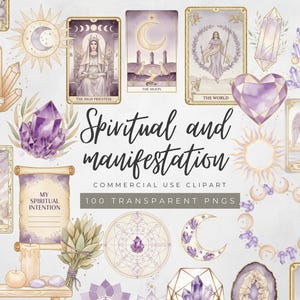 Może przedstawiać: Zestaw clipartów akwarelowych z kartami tarota, kryształami, księżycami i słońcami. Tekst "Spiritual and manifestation" jest wyświetlany ozdobną czcionką. Zestaw zawiera 100 przezroczystych plików PNG.