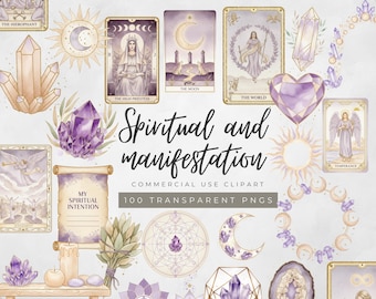 Spiritual and Manifestation Tarot & Crystal Clipart | Watercolor Tarot Cards, Crystals, Mystic Elements for Journals