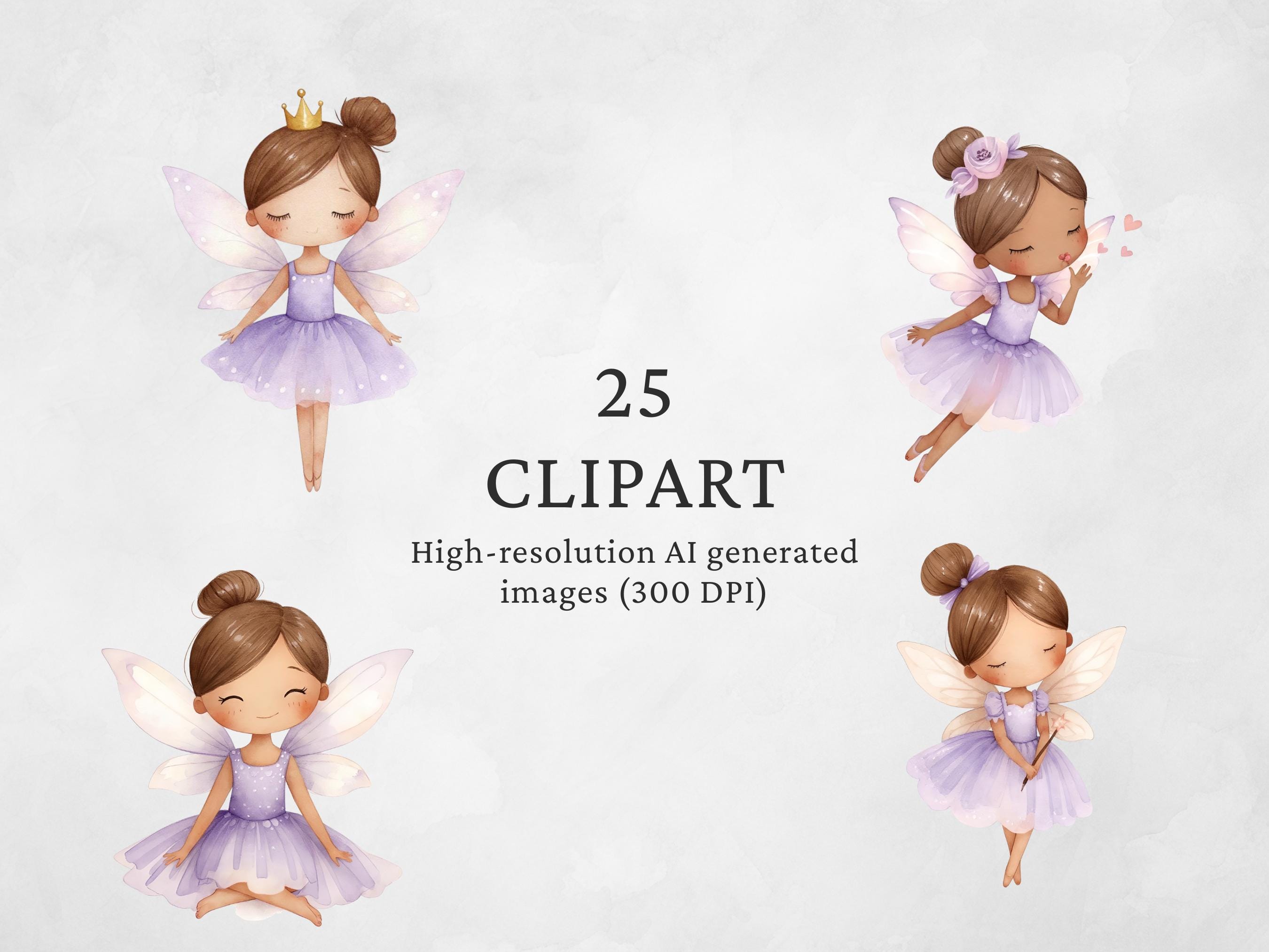 Purple Fairy Clipart Pack: Watercolor Nursery Art (PNG Download, 300 ...