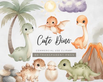 Watercolor Dinosaur Clipart Set: 60 Baby Dino Illustrations (PNG)