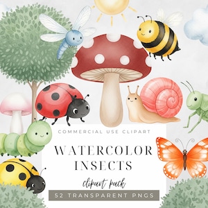 Op de afbeelding: Waterverfillustratie van verschillende insecten, waaronder een lieveheersbeestje, een bij, een vlinder, een slak en een libelle. De afbeelding toont een rood-witte paddenstoel, een boom en de tekst "WATERCOLOR INSECTS clipart pack".