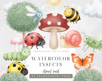 Watercolor Insects Clipart Bundle: Butterfly, Bee, Ladybug (PNG, Digital Download)