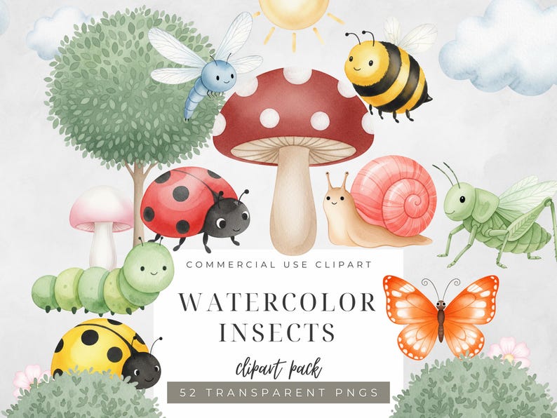 Op de afbeelding: Waterverfillustratie van verschillende insecten, waaronder een lieveheersbeestje, een bij, een vlinder, een slak en een libelle. De afbeelding toont een rood-witte paddenstoel, een boom en de tekst "WATERCOLOR INSECTS clipart pack".