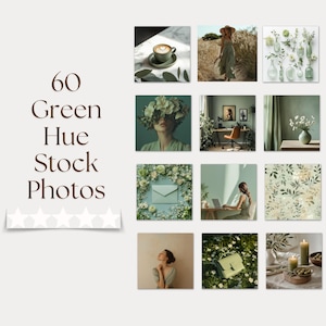 Pode incluir: Uma coleção de 60 fotos de stock com tema verde. As imagens apresentam várias cenas, incluindo uma xícara de café, uma pessoa em um campo, arranjos florais e elementos de design de interiores. A paleta de cores é suave e natural, com foco em tons de verde.