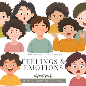 Puede incluir: Ilustración digital de niños de dibujos animados que expresan diversas emociones. La imagen incluye el texto "FEELINGS & EMOTIONS clipart pack" y "16 transparentes PNGs".
