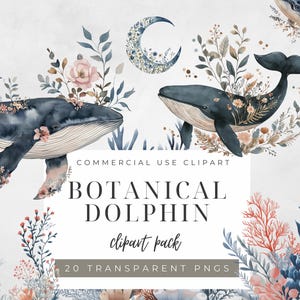 Watercolor Botanical Dolphin Clipart Pack Pastel Ocean Florals, Marine Life Art, Nursery Decor, Dolphin Illustration Set