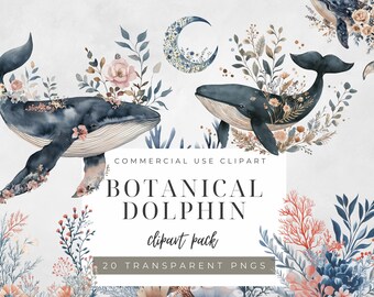 Imágenes prediseñadas de ballenas en acuarela: Arte botánico oceánico en tonos pastel (descarga digital)