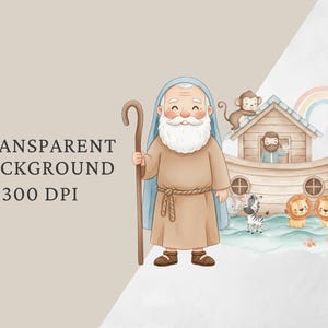 K&ouml;nnte beinhalten: Aquarell-Illustration mit Noah mit Stab, neben der Arche. Die Arche ist mit Tieren gef&uuml;llt, darunter L&ouml;wen, ein Zebra und ein Affe. Ein Regenbogen und eine Taube sind im Hintergrund. Text lautet "TRANSPARENT BACKGROUND 300 DPI."