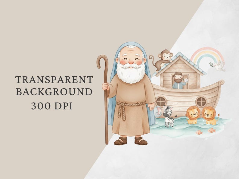 K&ouml;nnte beinhalten: Aquarell-Illustration mit Noah mit Stab, neben der Arche. Die Arche ist mit Tieren gef&uuml;llt, darunter L&ouml;wen, ein Zebra und ein Affe. Ein Regenbogen und eine Taube sind im Hintergrund. Text lautet "TRANSPARENT BACKGROUND 300 DPI."