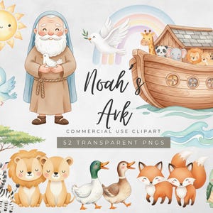 May include: Watercolor illustration of Noah's Ark with animals, a rainbow, and the text "Noah's Ark". Includes a sun, birds, Noah, and various pairs of animals. The image is a commercial use clipart with 52 transparent PNGs.