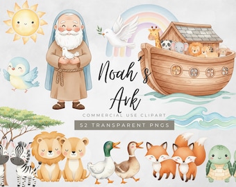 Clipartbundel Ark van Noach | Schattige dierenparen en bijbelfiguren | Aquarel christelijke kinderkamerkunst | Bijbelverhaal voor kinderen, png