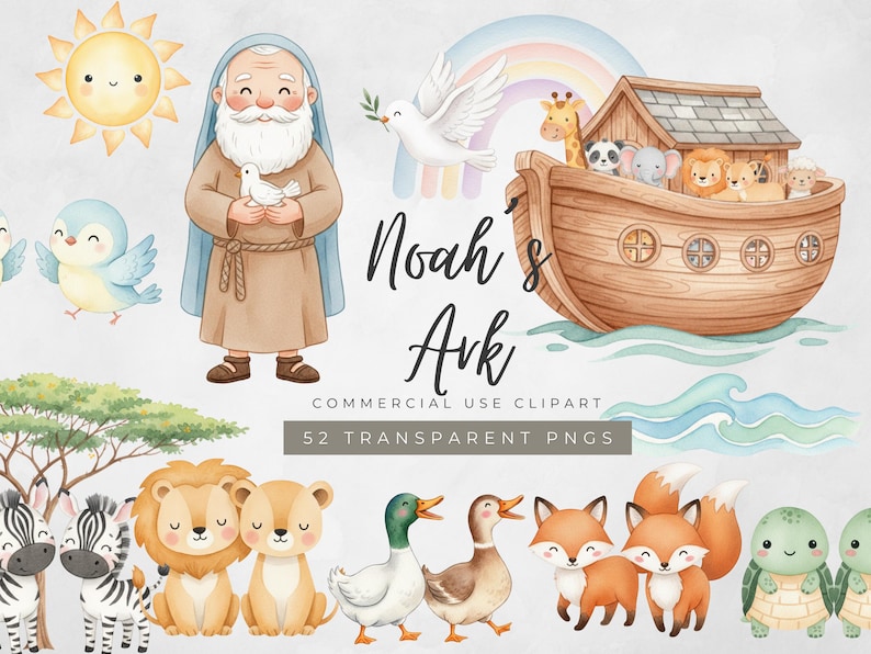 K&ouml;nnte beinhalten: Aquarell-Illustration der Arche Noah mit Tieren, einem Regenbogen und dem Text "Noah's Ark". Enth&auml;lt eine Sonne, V&ouml;gel, Noah und verschiedene Tierpaare. Es ist ein Clipart f&uuml;r kommerzielle Zwecke mit 52 transparenten PNGs.
