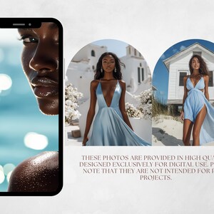 May include: Three images showcasing different styles of blue dresses. The first image shows a close-up of a woman's face, the second image shows a woman wearing a light blue dress standing in front of a white building, and the third image shows a woman wearing a light blue dress with a high slit standing on a sandy beach.
