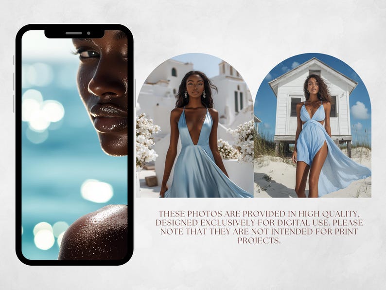 May include: Three images showcasing different styles of blue dresses. The first image shows a close-up of a woman's face, the second image shows a woman wearing a light blue dress standing in front of a white building, and the third image shows a woman wearing a light blue dress with a high slit standing on a sandy beach.