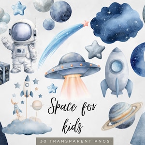 Op de afbeelding: Waterverfillustraties met ruimtethema's, waaronder een astronaut, raketten, planeten, sterren en een UFO. De zin "Space for kids" is cursief geschreven. De afbeelding maakt gebruik van een palet van blauw, grijs en perzik.