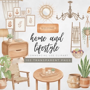 May include: Watercolor clipart set featuring home decor elements. Includes a wooden nightstand, framed art, a welcome sign, a round mirror, a chandelier, a ladder, a hanging plant, a chair, a table, and various plants. The text reads "home and lifestyle".