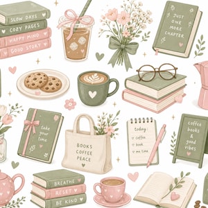 以下が含まれることがあります： 本、コーヒー、花、クッキーなど、居心地の良いアイテムのイラスト。本には「Slow Days」や「Just One More Chapter」などのタイトルが付けられています。「Books Coffee Peace」と書かれたトートバッグ。ソフトなグリーン、ピンク、ブラウンの色使い。