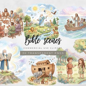 Könnte beinhalten: Eine Sammlung von Aquarellillustrationen mit biblischen Szenen wie dem Abendmahl, der Schöpfung, Jesus im Boot, Mose mit Gesetzestafeln, der Arche Noah sowie Adam und Eva. Der Text lautet Bible scenes, commercial use clipart, 30 transparent PNGs.