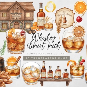 May include: A watercolour illustration of a whiskey clipart pack featuring glasses, bottles, and garnishes. Includes a wooden building, orange slices, cherries, and the text "Whiskey clipart pack".