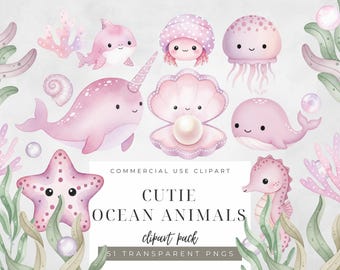 Pacote de clipart de animais marinhos fofos, criaturas marinhas, conjunto de aquarela sob o mar, clipart de berçário para aniversário e chá de bebê