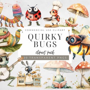 May include: Watercolor clipart pack featuring whimsical bug illustrations. Includes a ladybug, a bee with goggles, a caterpillar, and other cute bugs. The text "Quirky Bugs" and "20 Transparent PNGs" are also visible.