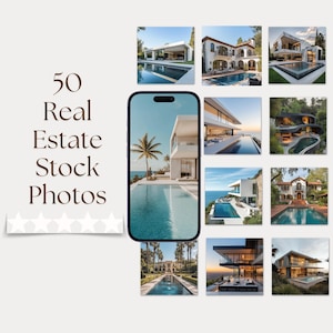 Puede incluir: Un collage de 10 fotos que muestran varias casas de lujo con piscinas. Las fotos están dispuestas en una cuadrícula sobre un fondo blanco. El texto "50 Real Estate Stock Photos" se muestra sobre el collage.