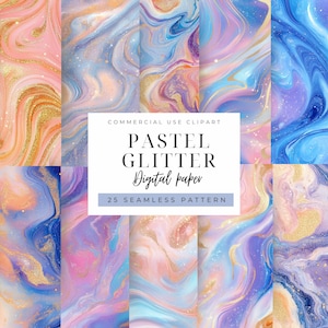 May include: A collection of 25 seamless digital paper patterns with a pastel glitter design. The patterns feature swirling marble effects in shades of pink, blue, purple, and gold. The image includes text that reads "PASTEL GLITTER Digital paper".
