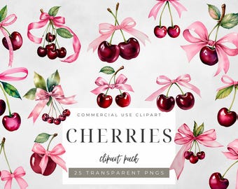 Watercolor Cherry Clipart with Pink Bow Cute Cherry Cherry with Pink Bow Clipart Watercolor Cherry PNG Aesthetic Watercolor Cherry Clipart