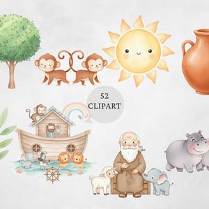 K&ouml;nnte beinhalten: Aquarell-Clipartsammlung mit verschiedenen Illustrationen. Enth&auml;lt einen Baum, zwei Affen, eine l&auml;chelnde Sonne, eine Terrakotta-Vase, ein Blatt, einen Regenbogen, eine Arche mit Tieren, einen Mann, zwei Flusspferde und den Text "52 CLIPART".