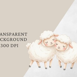 K&ouml;nnte beinhalten: Aquarellillustration von zwei flauschigen wei&szlig;en Schafen, die sich umarmen. Sie haben geschlossene Augen und rosige Wangen. Das Bild hat einen transparenten Hintergrund und 300 DPI. Der Text lautet "TRANSPARENT BACKGROUND 300 DPI."