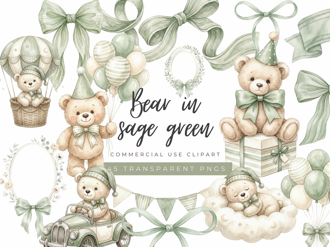 Sage Green Teddy Bear Clipart Bundle, Watercolor Bear PNG Set, Baby ...