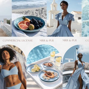May include: A collage of images featuring a variety of blue and white summery scenes. The images include a woman in a blue dress, a woman in a blue swimsuit, a plate of fruit and grapes, a plate of shrimp and lemons, and a view of a pool and a boat.