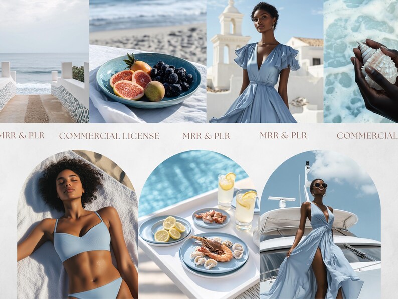 May include: A collage of images featuring a variety of blue and white summery scenes. The images include a woman in a blue dress, a woman in a blue swimsuit, a plate of fruit and grapes, a plate of shrimp and lemons, and a view of a pool and a boat.